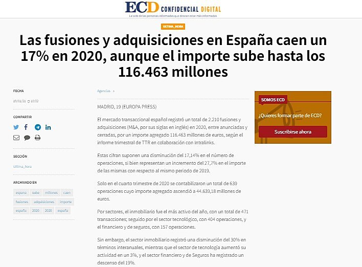 Las fusiones y adquisiciones en Espaa caen un 17% en 2020, aunque el importe sube hasta los 116.463 millones